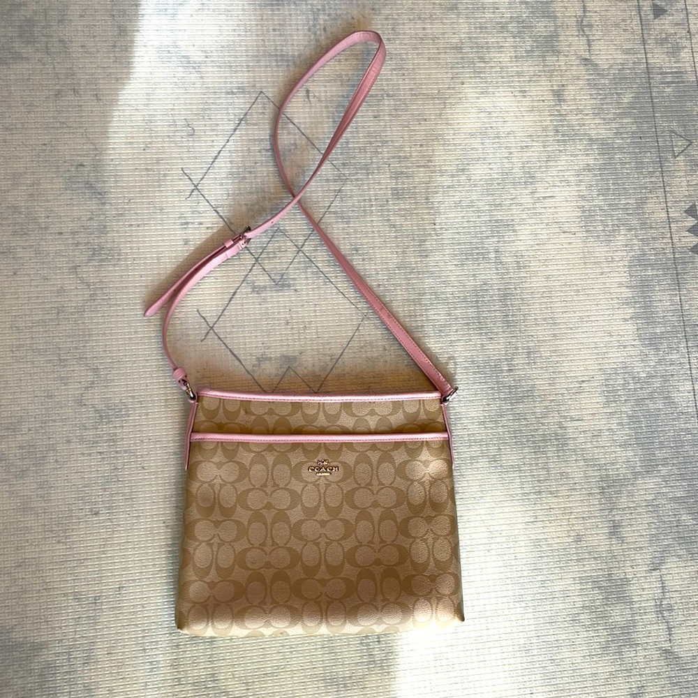 Coach Tan and Pink Crossbody Bag with Signature Pattern